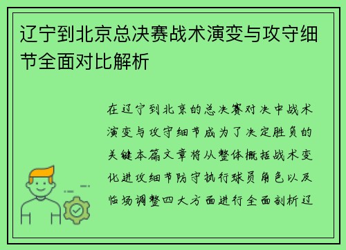 辽宁到北京总决赛战术演变与攻守细节全面对比解析