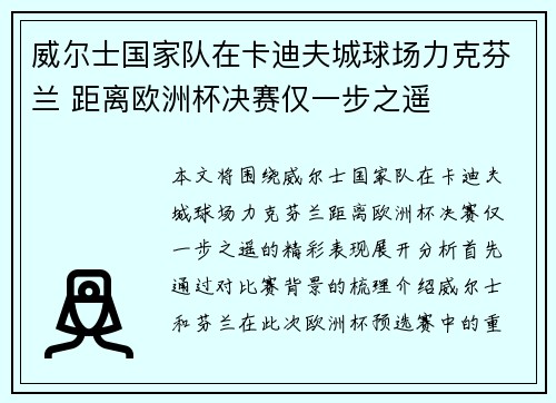 威尔士国家队在卡迪夫城球场力克芬兰 距离欧洲杯决赛仅一步之遥 威尔士国家队在卡迪夫城球场力克芬兰 距离欧洲杯决赛仅一步之遥